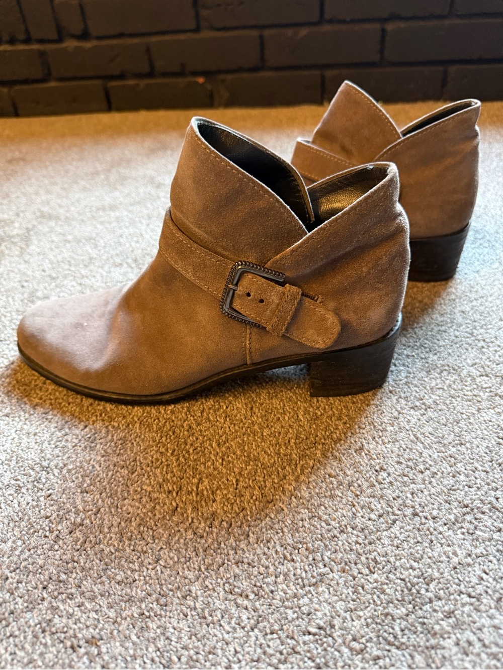 Stuart Weitzman Taupe Suede Buckle Ankle Booties